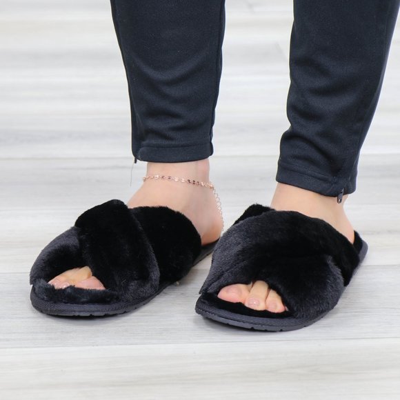 Cross Strap Black Puff Fuzzy Furry Fluffy Slip On Plush Slippers - Picture 4 of 12
